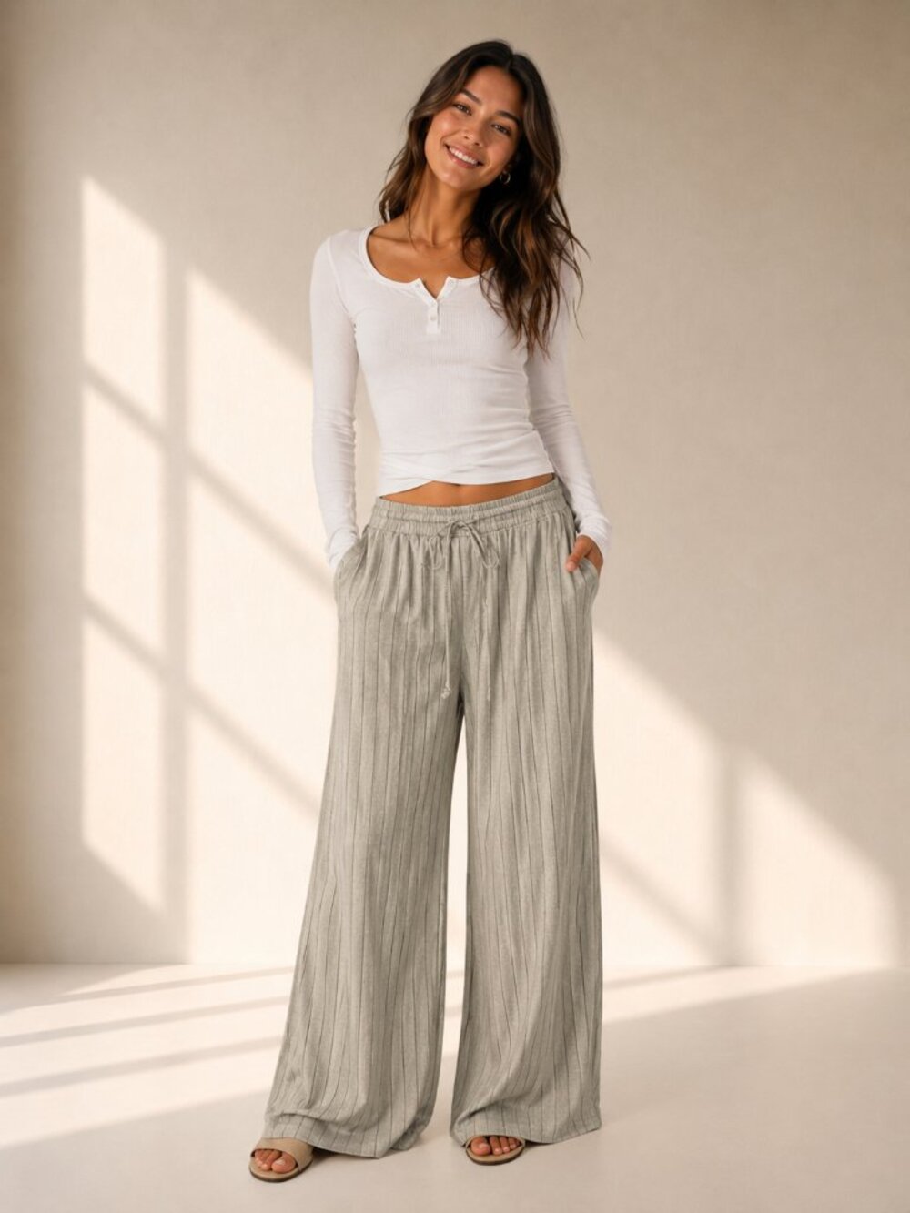 Max Studio London Linen Blend Striped High Rise Wide Leg Pants Coastal Boho